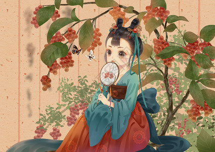 古代小女孩五味子中草药拟人插画