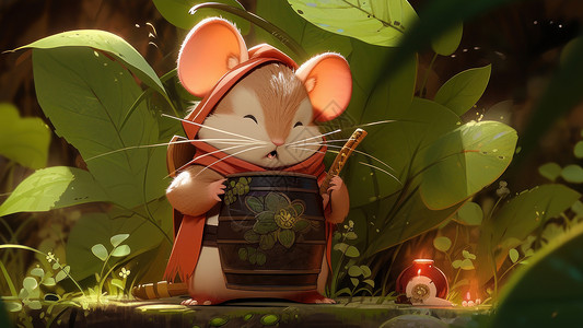 老鼠形象在草丛中的一只忙碌的卡通小老鼠插画
