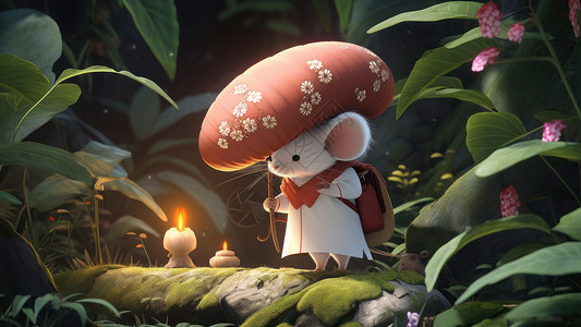 头顶小伞的可爱的卡通小白鼠背景图片