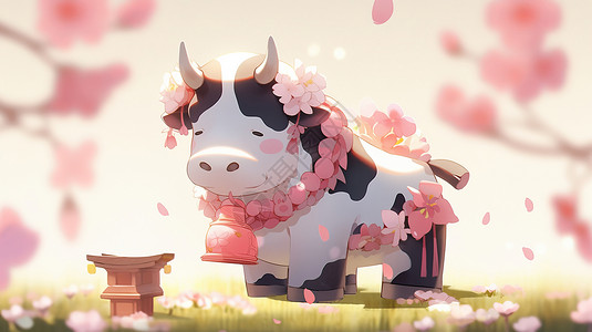 戴着花环的可爱的小奶牛背景图片