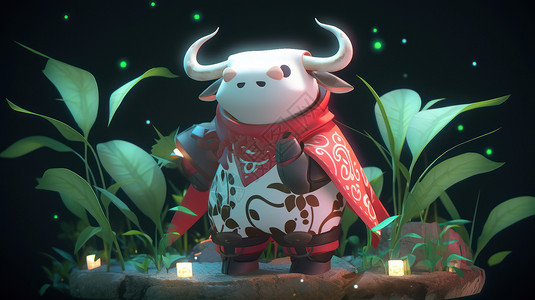 小奶牛扮演者夜晚站在植物中间的卡通奶牛插画