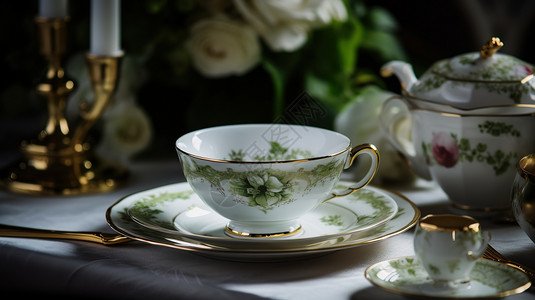 陶艺茶杯清新欧式贵气精致的陶瓷餐具插画