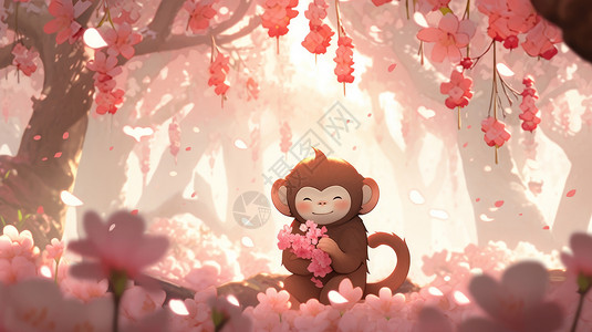 抱着粉色花朵的可爱的卡通小猴子图片