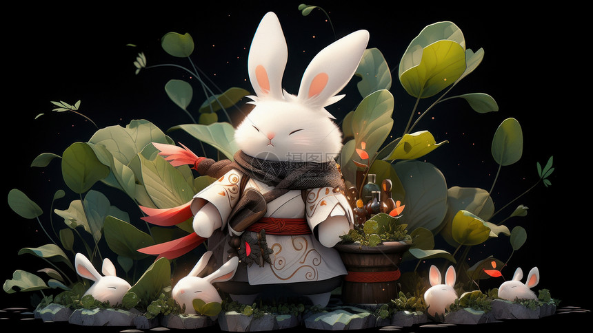 背着武器站在植物中间的卡通小白兔图片