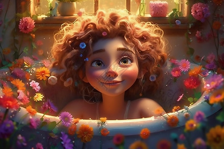 浴缸里可爱的小女孩被花朵包围背景图片