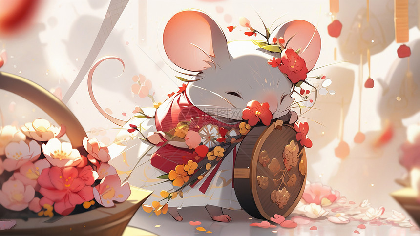 闻着花朵的可爱的卡通小老鼠图片