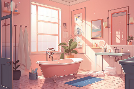 动漫风格淡粉色浴室浴缸背景图片