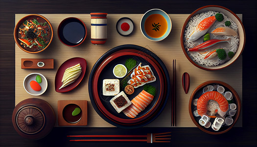 日式木桌手绘美味的俯视日式餐饮食物插画