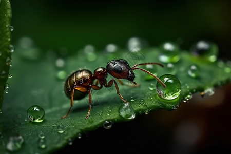 黑色高清素材绿叶上蚂蚁微距高清画质插画