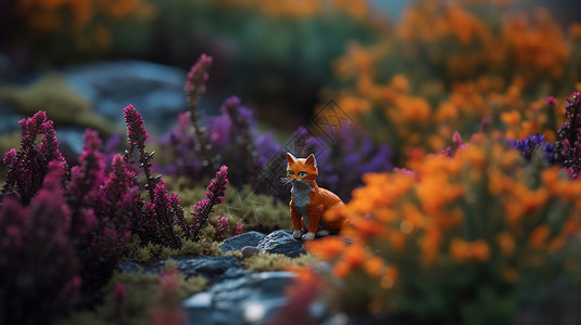 亮橙色的小狐狸橙色的小猫蹲在石头路上插画