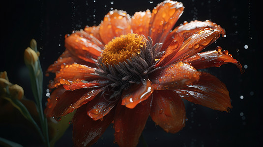 黄色水滴水珠雨水中的橙色菊花插画