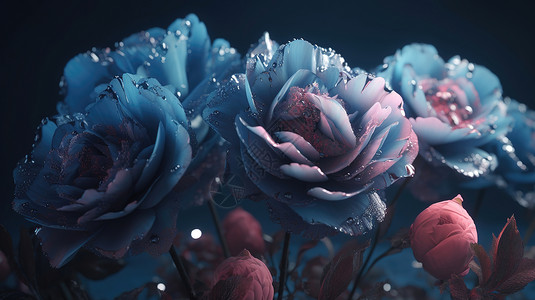 玫瑰花蓝蓝粉渐变的玫瑰花插画