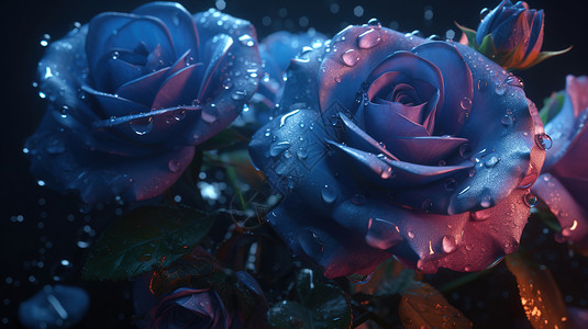 带水珠的蓝粉渐变玫瑰背景图片