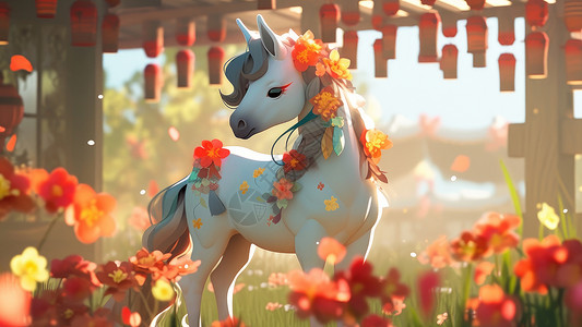 站在花丛中漂亮的卡通小白马背景图片