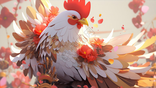 戴着降落伞的鸡戴着花朵的卡通大公鸡插画