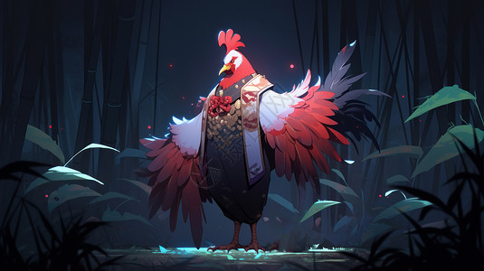 夜晚站在森林中一只霸气的大公鸡背景图片