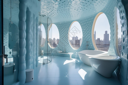 白色大浴缸浅蓝色公寓未来派超豪华设计风格插画