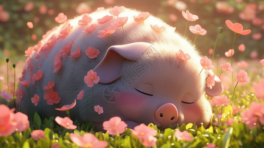 在花丛中睡觉的小猪高清图片