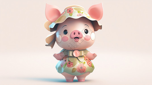 小猪帽子戴小花帽子穿小裙子可爱的小猪IP插画