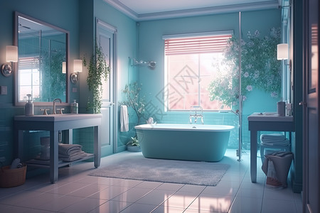 蓝色浴室浴缸动漫风格柔和图片