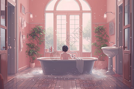 粉色设计少女在浴室浴缸动漫风格图片