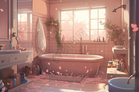 粉色少女浴室浴缸动漫风格背景图片