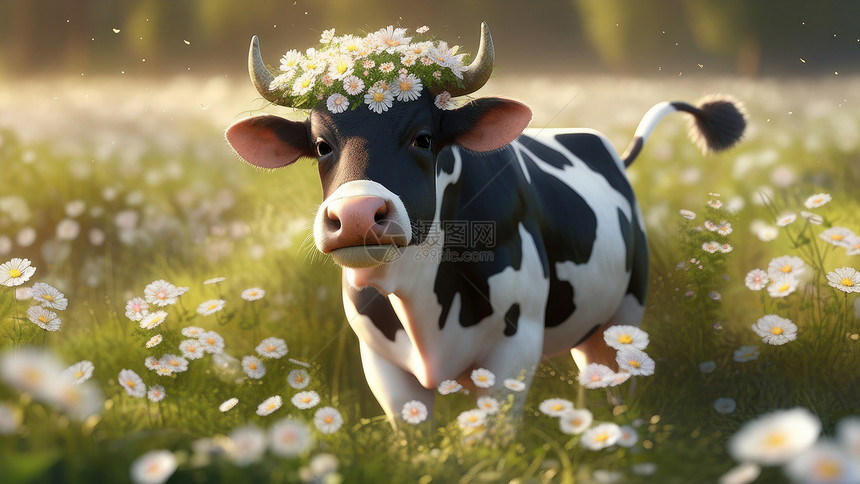 站在小雏菊花丛中可爱的奶牛图片