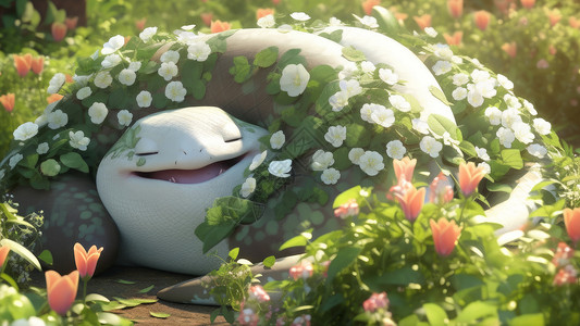 缠满花朵在睡觉的大胖蛇高清图片