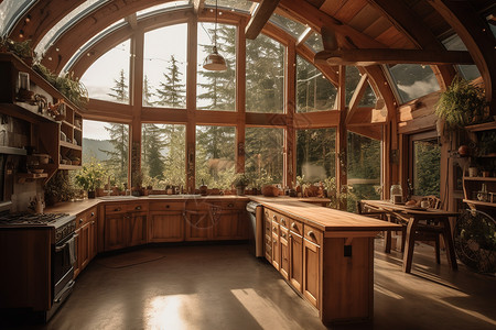 别墅原木风格的厨房背景图片