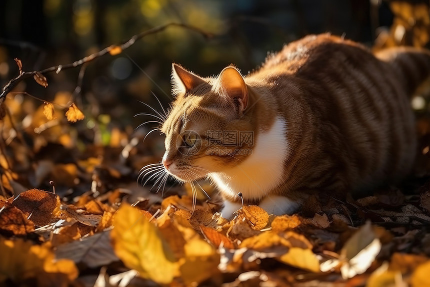 秋天落叶草地上的猫图片
