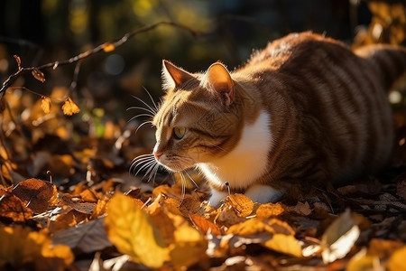 秋天的猫秋天落叶草地上的猫背景