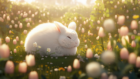 在花丛中可爱的小白兔图片