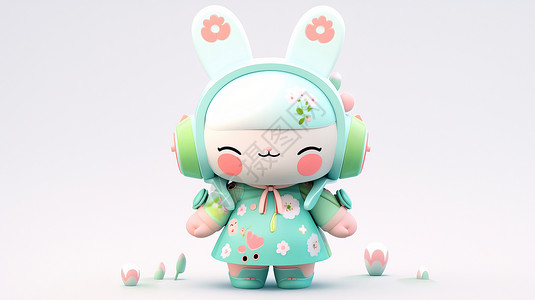 穿着绿色小花裙戴着耳麦的卡通小白兔IP高清图片