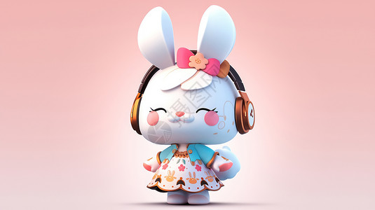 粉色兔子蝴蝶结戴着耳麦和蝴蝶结的可爱的卡通小白兔IP插画