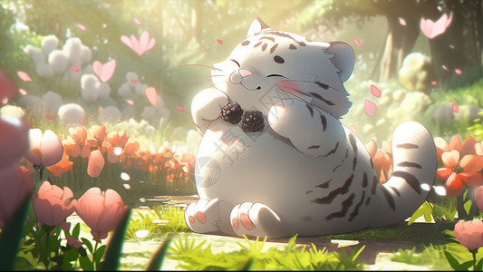 坐在花丛中的小胖老虎图片