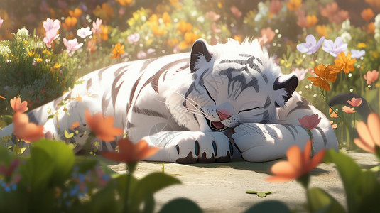在花丛中趴着睡觉的的老虎图片