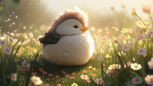 在草丛中一只可爱的白色卡通小鸟图片