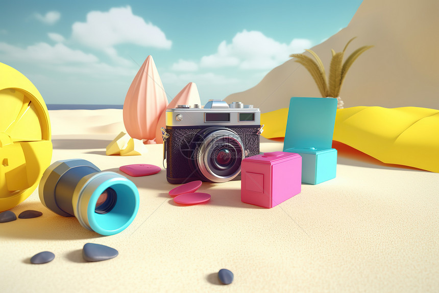 3D沙滩度假彩色静物图片