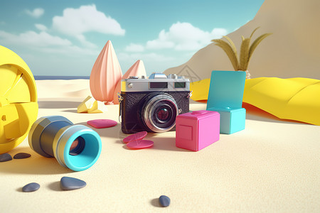 相机静物3D沙滩度假彩色静物插画