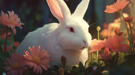 小白兔子花丛中的兔子插画