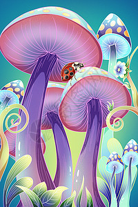 蓝色蘑菇艳丽蘑菇上爬行的瓢虫插画
