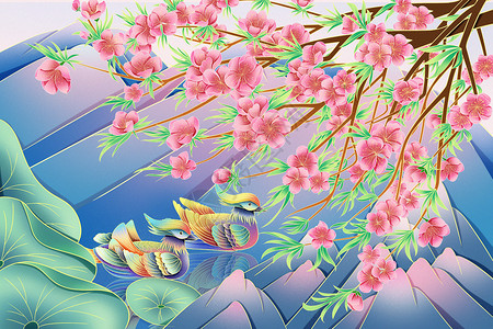 盛开的桃花树下两只嬉戏的鸳鸯图片