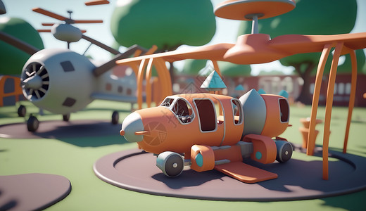 绿色飞机玩具儿童游乐场中的小飞机插画