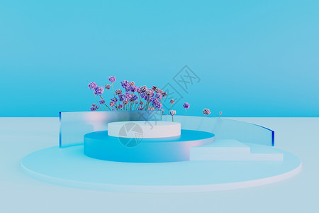 三叶草紫色小花小花玻璃几何体蓝色展台设计图片