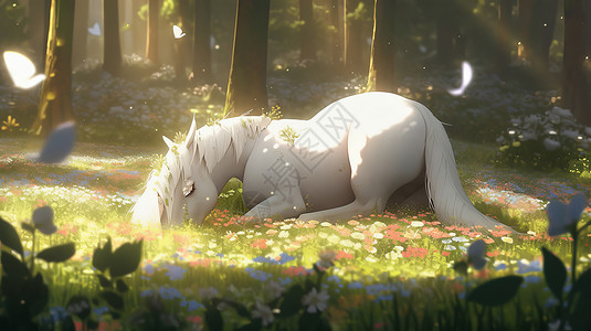 趴在森林里睡觉的小白马图片