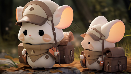 老鼠IP两只小白鼠背着背包去旅行插画
