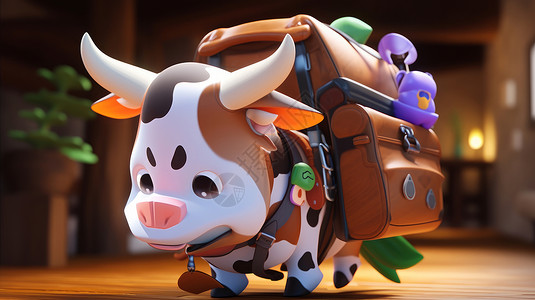 卡通立体小奶牛背着行李去旅行图片