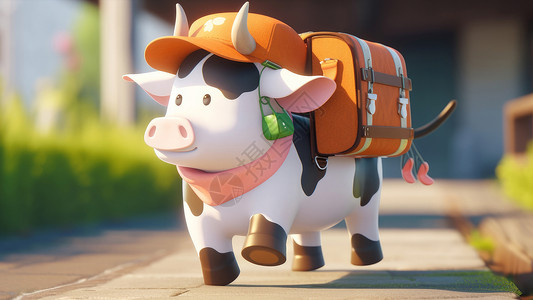 戴着小黄帽出发去旅行的小奶牛插画