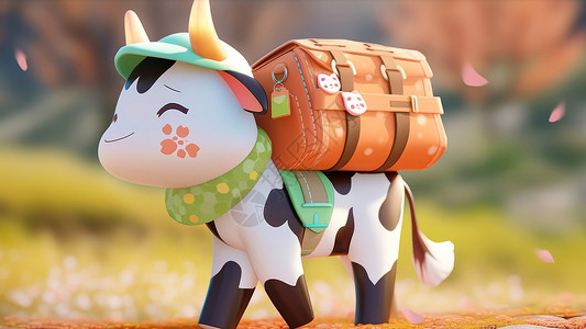 背着橙色旅行包带着小帽子去旅行的小奶牛图片