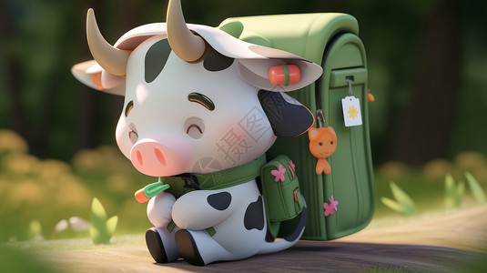 背着旅行包坐着休息的小奶牛图片